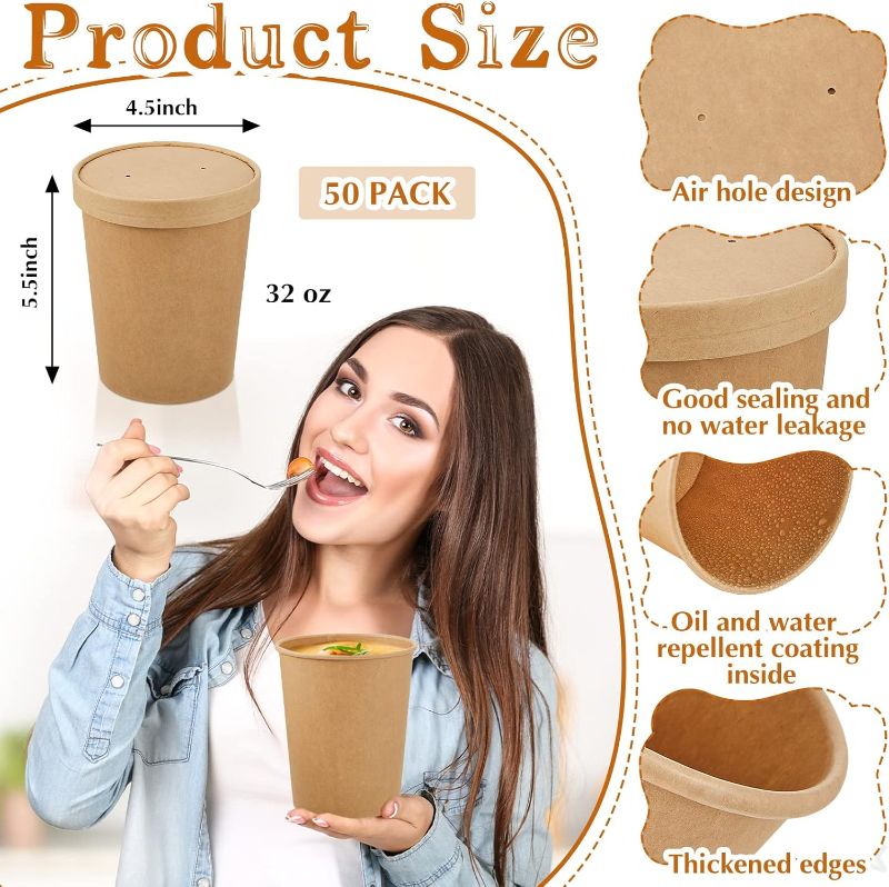 Photo 3 of (READ FULL POST) Sabary 50 Pack 32 oz Paper Soup Containers with Lid Disposable Kraft Soup Food Bowl Microwavable Food Storage Ice Cream Containers Nice for Restaurants (Brown)