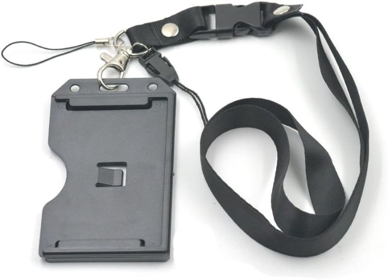 Photo 1 of 2 Sets Black Lanyard + ID Card Badge Holder 2-Sided Rigid Hard Vertical for Multi Reel Retractable Lanyard
