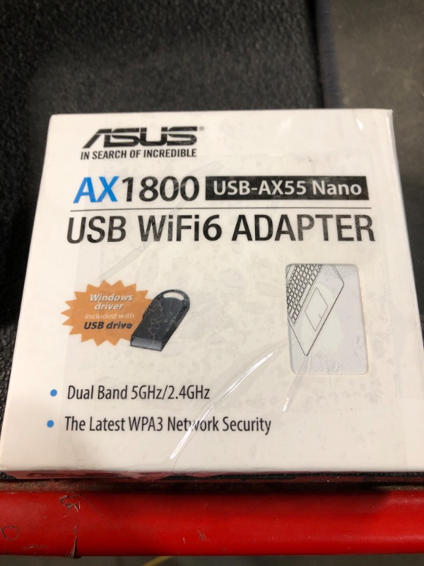 Photo 1 of *****STOCK IMAGE FOR SAMPLE*****
ASUS AX1800 Dual Band WiFi 6 USB Adapter, WiFi 6, 802.11ax, WPA3 Network Security, 5GHz frequency band, Compact size (USB-AX55 Nano)