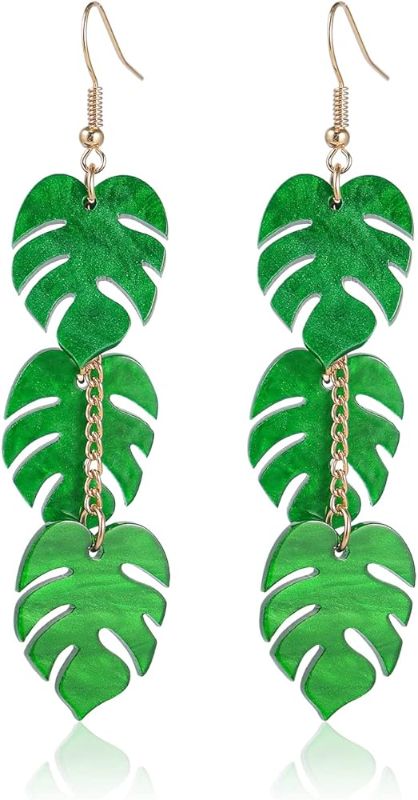 Photo 1 of Acrylic Palm Tree Leaf Dangle Earrings for Women Resin Tropical Green Plant Monstera 3 leaves Chandelier Layered Drop Earrings Summer Holiday Beach Fashion Jewelry Unique Gifts