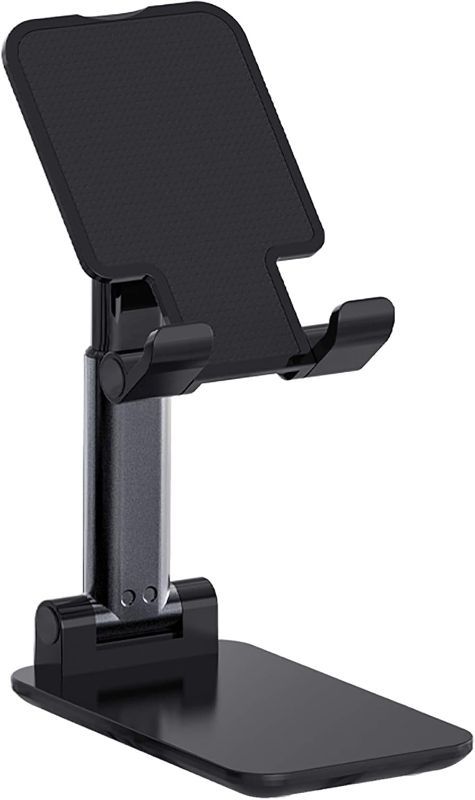 Photo 1 of Adjustable Cell Phone Stands for Desk, Aluminum Folding Phone Holder with Stable Base and Charging Port for 4-12.9 Inches Smart Phone, Tablet (Black)
