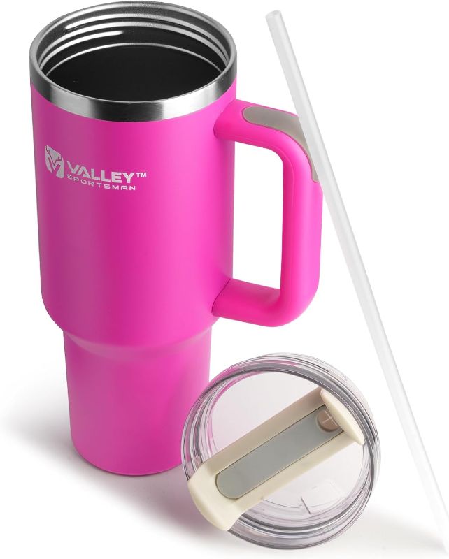 Photo 1 of ***SIMILAR TO STOCK PHOTO***

40 oz Stainless Steel Tumblers with Handle, Spill-proof Lid and Straw, Double-Walled Insulated, BPA-Free, Perfect for Hot and Cold Drinks, Fuchsia