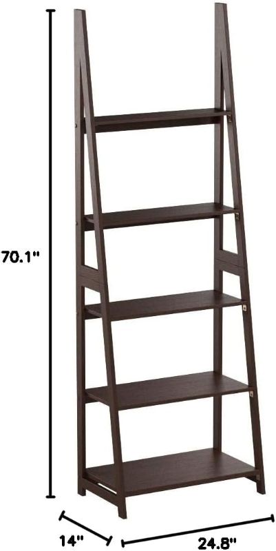 Photo 1 of AmazonBasics Modern 5-Tier Ladder Bookshelf Organizer with Solid Rubber Wood Frame, Espresso