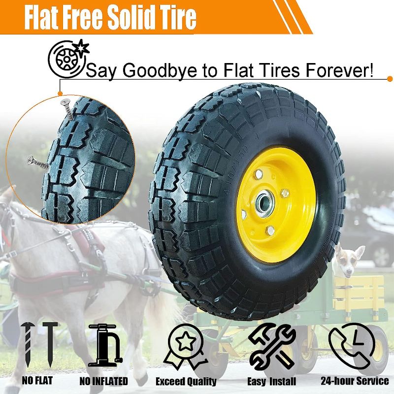 Photo 1 of 4.10/3.50-4 tire and Wheel,10" Flat Free Solid Tire Wheel with 5/8" Bearings,2.1" Offset Hub,for Gorilla Cart,Garden Carts,Dolly,Trolley,Dump Cart,Hand Truck/Wheelbarrow/Garden Wagon (4-Pack)