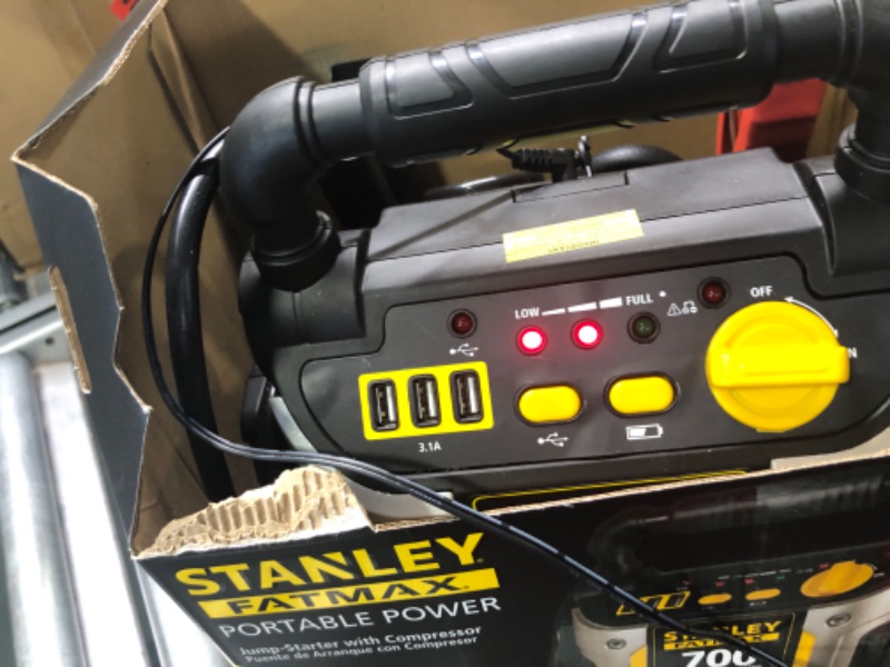 Photo 1 of STANLEY FATMAX J7CS Portable Power Station Jump Starter: 700 Peak/350 Instant Amps, 120 PSI Air Compressor, 3.1A USB Ports, Battery Clamps