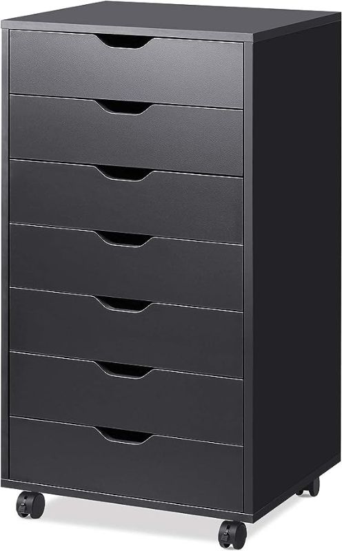 Photo 1 of DEVAISE 7-Drawer Chest, Wood Storage Dresser Cabinet with Wheels, Black