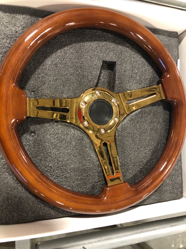 Photo 2 of Hiwowsport 14"?350mm? Wood Grain Steering Wheel 6 Bolts 1.5" Depth Dish Gold Chrome Spoke Fit