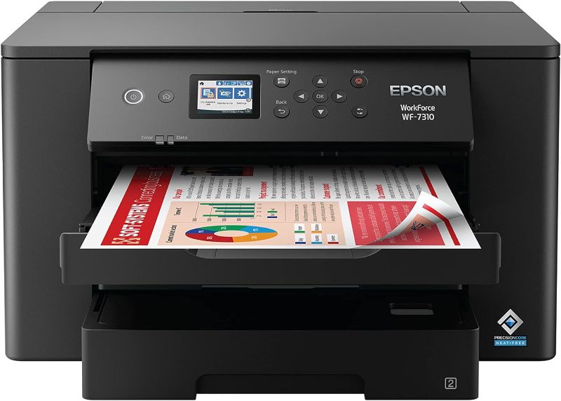Photo 1 of Epson Workforce Pro WF-7310 Wireless Wide-Format Printer with Print up to 13" x 19", Auto 2-Sided Printing up to 11" x 17", 500-sheet Capacity, 2.4" Color Display, Smart Panel App WF-7310 DUAL TRAY (500 sheets)/PRINT