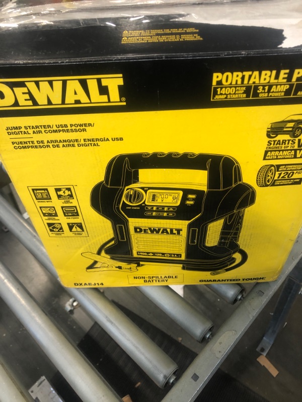 Photo 2 of DEWALT DXAEJ14 Digital Portable Power Station Jump Starter: 1400 Peak/700 Instant Amps, 120 PSI Digital Air Compressor, 3.1A USB Ports, Battery Clamps , Yellow