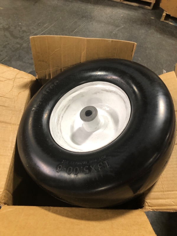 Photo 4 of 2 PCS Upgrade 13x5.00-6" Flat Free Lawn Mower Smooth Tire, Commercial Grade Lawn and Garden Mower Turf Replacement Solid Tire and Wheel with Steel Rim, 3/4" Grease Bushing and 3.25"-5.9" Centered Hub