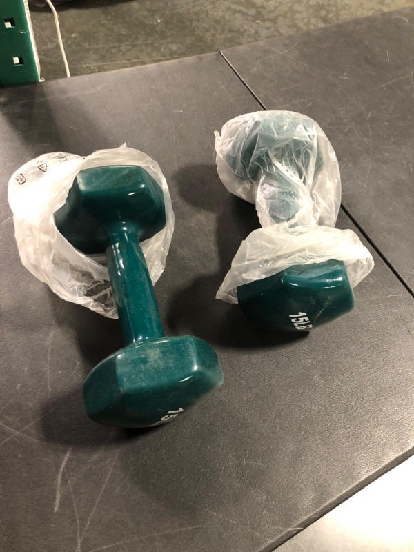 Photo 2 of Amazon Basics Vinyl Coated Hand Weight Dumbbell Pair, Set of 2 Teal 15 lbs Set Dumbbells