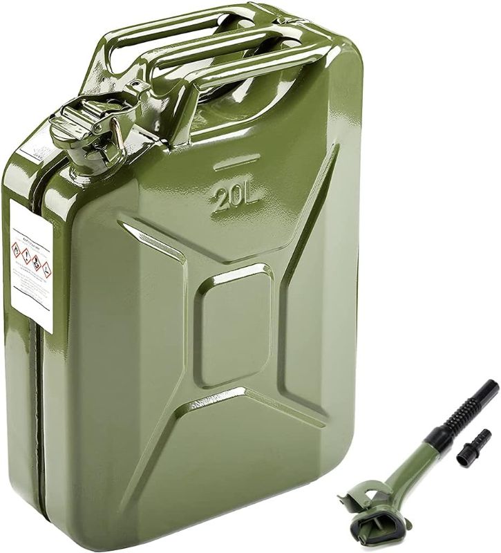 Photo 1 of AMZOSS 20L 5 Gallon Metal Gas Can Green with Fuel Can and Spout System, US Standard Cold-Rolled Plate Petrol Diesel Can - Gasoline Bucket (13.78" x 6.5" x 17.91")
