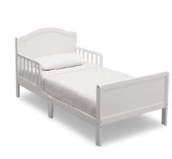 Photo 1 of Delta Children Bennett Toddler Bed, Bianca White + Delta Children Twinkle Galaxy Dual Sided Recycled Fiber Core Toddler Mattress (Bundle) Bianca White Crib 