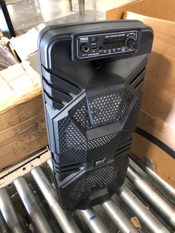 Photo 2 of Pyle Bluetooth PA Speaker System - 600W Rechargeable Outdoor Bluetooth Speaker Portable PA System w/ Dual 8” Subwoofer 1” Tweeter, Microphone In, Party Lights, USB, Radio, Remote - Pyle PPHP2836B Speaker System Speaker System