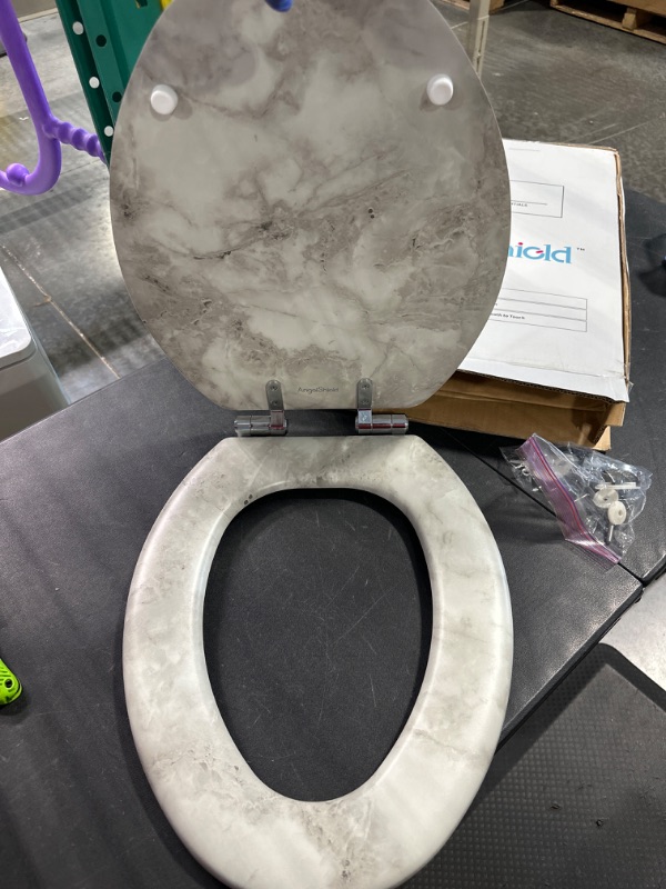 Photo 4 of Angel Shield Marble Toilet Seat Durable Molded Wood with Quiet Close,Easy Clean Quick-Release Hinges (Elongated,Gray Marble) Elongated-18.5” Gray Marble-Elongated