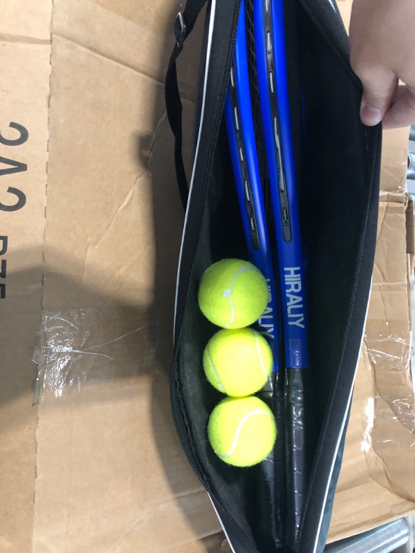 Photo 4 of HIRALIY Adult Recreational 2 Players Tennis Rackets ,27 Inch Super Lightweight Tennis Racquets for Student Training Tennis and Beginners, Tennis Racket Set For Outdoor Games, Including 3 Tennis Balls, 2 Tennis Overgrips and 1 Tennis Bag Blue