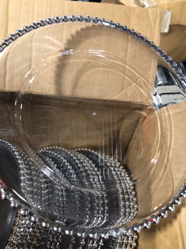 Photo 4 of 30 Pack Plastic Beaded Charger Plates 11 Inch Plastic Round Dinner Plate with Beaded Rim Silver Bead Charger for Dinner Plates Clear Serving Plates Decor for Party Wedding Event Banquet Tabletop Decor