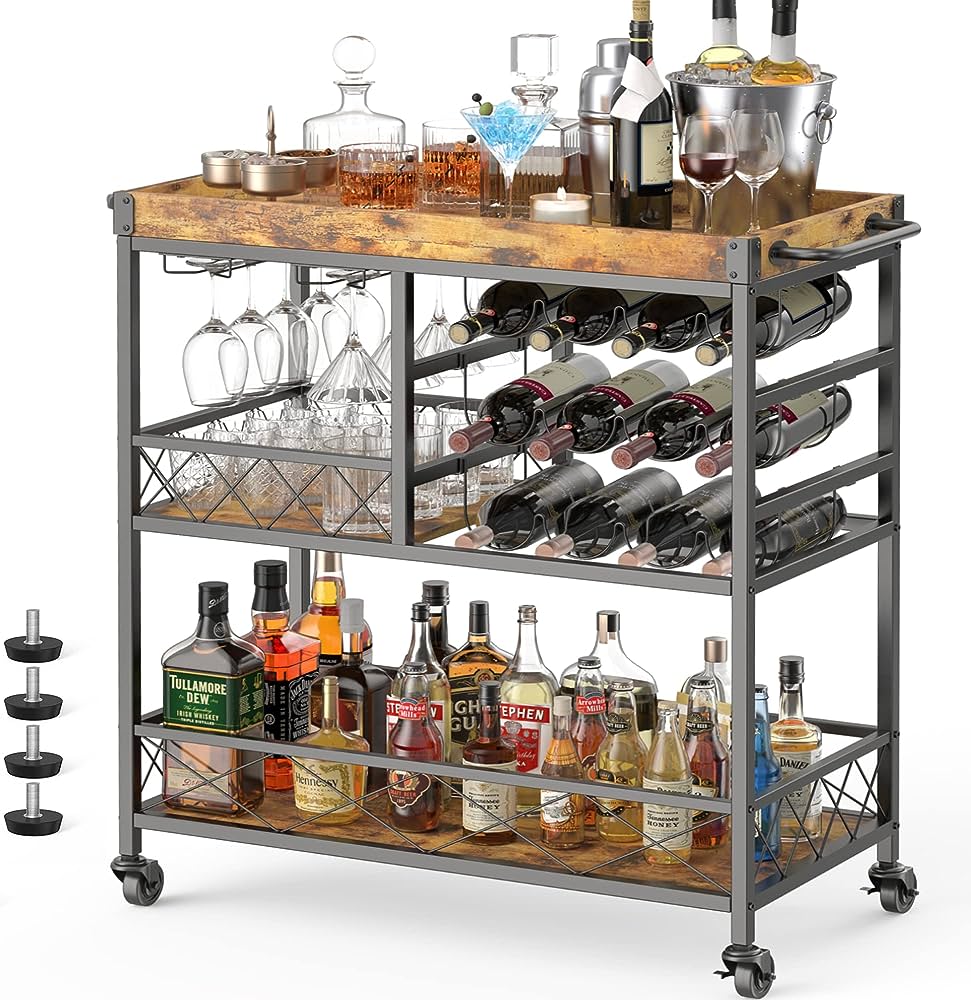 Photo 1 of  Home Bar Serving Cart with Large Storage Space, Mobile Kitchen Storage Trolley with Lockable Wheels, 12 Wine Rack, Glass Holder, Removable Tray GOLD AND MARBLE WHITE