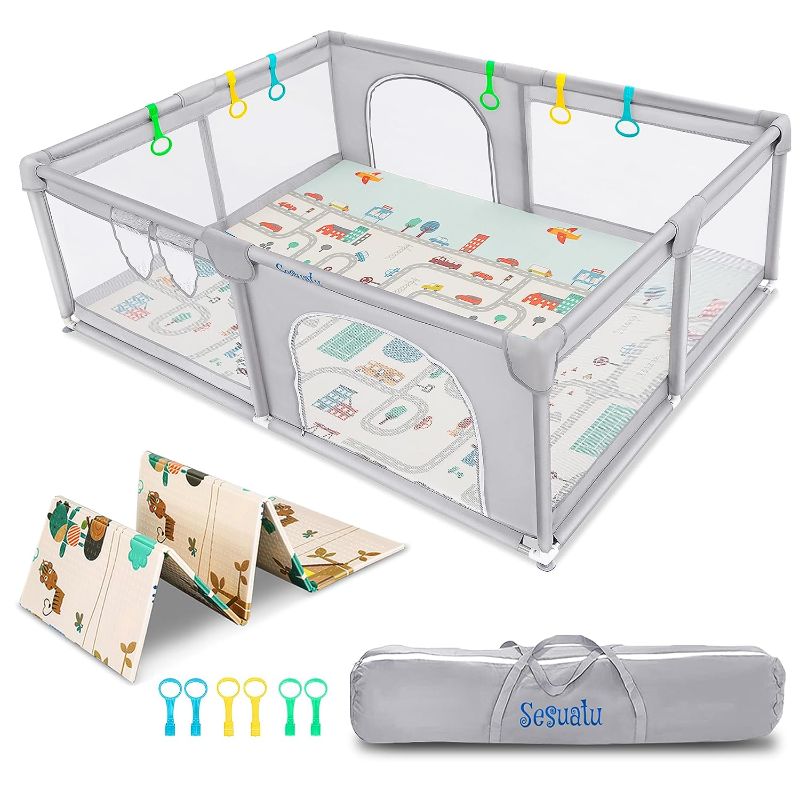 Photo 1 of Baby Playpen with Mat, 79"x59" Extra Large Playpen for Babies and Toddlers, BPA-Free Non-Toxic Play Yard for Baby & Baby Fence, Safe No Gaps Indoor & Outdoor Activity Center with Zipper Gate and Mat