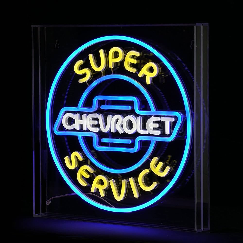 Photo 1 of American Art Decor Acrylic LED Sign - Licensed Retro Neon Sign - For Bar, Man Cave, Garage, Game Room & More (Super Chevrolet Service, 16" x 16"