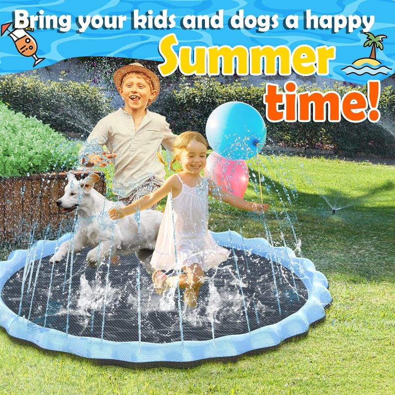 Photo 1 of  Splash Pad, 86.6" Outdoor Sprinkler Splash Pad Toys for Dogs and Kids Inflatable Water Play Mat Toys Extra Large 0.5mm Thickness Summer Funny Toys for Dogs and Toddlers Age Blue…