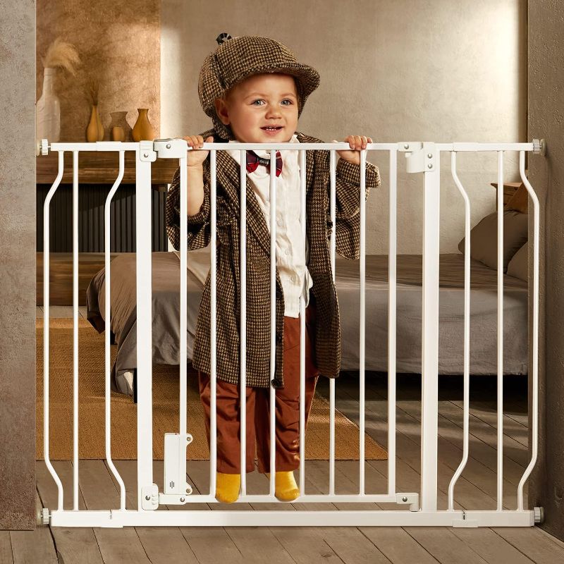 Photo 1 of Ciays 29.5” to 41.3” Baby Gate for Stairs Doorways and House, 30” Height Extra Wide Auto-Close Safety Dog Gate for Pets with Secure Alarm, Pressure Mounted, White
