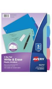 Photo 2 of Avery Durable Plastic 5-Tab Write & Erase Big Tab Dividers for 3 Ring Binders, Pastel Brights (16270)  5 tab 