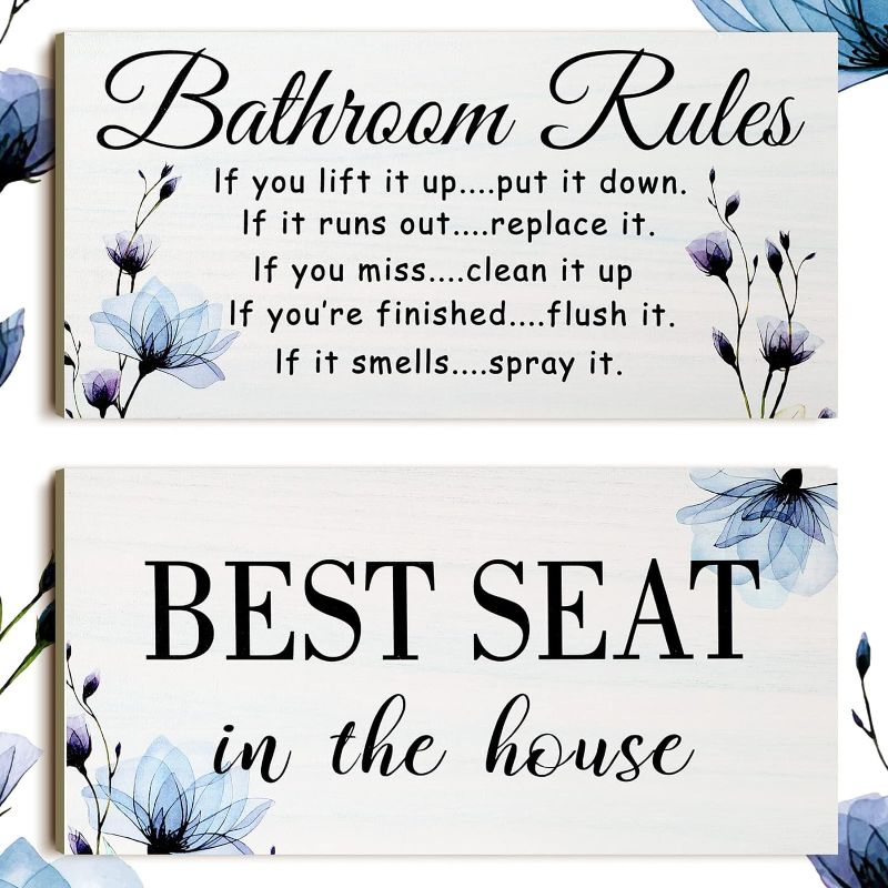 Photo 1 of 2 Pieces Funny Bathroom Wall Decor Sign Farmhouse Bathroom Rule Wall Art Toilet Rustic Bathroom Decoration Best Seat Wooden Sign (Floral Style)
