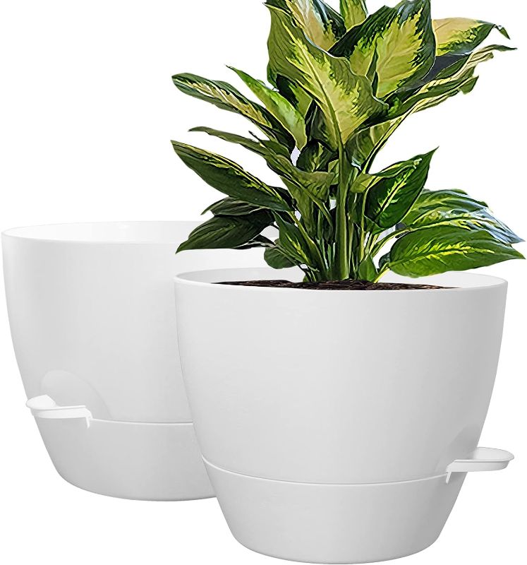 Photo 1 of  10 inch Self Watering Planters, 2 Pack Large Plastic Plant Pots with Deep Reservior and High Drainage Holes for Indoor Outdoor Plants and Flowers, White