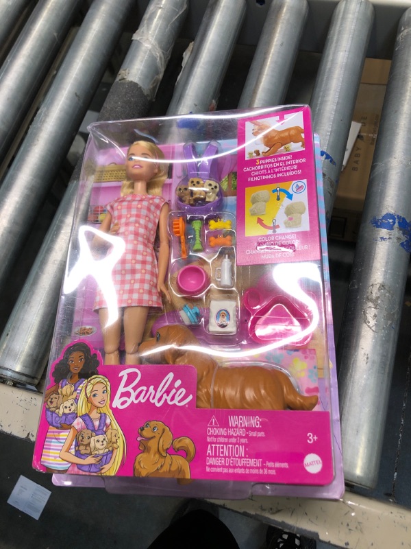 Photo 1 of Barbie Doll and Pets, Blonde Doll with Mommy Dog, 3 Newborn Puppies with Color-Change Feature and Pet Accessories Newborn Pups - Blonde