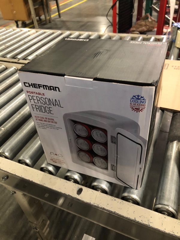 Photo 2 of ******BOTH CHARGERS ARE MISSING, NOT SURE IF FUNCTIONAL****Chefman Mini Portable White Personal Fridge Cools Or Heats & Provides Compact Storage For Skincare, Snacks, Or 6 12oz Cans W/ A Lightweight 4-liter Capacity To Take On The Go