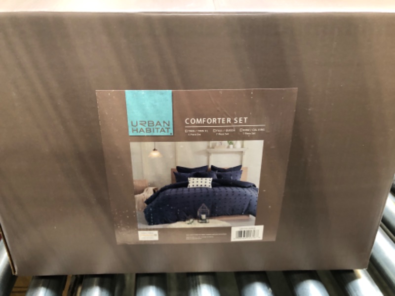 Photo 3 of Urban Habitat Cotton Comforter Set - Jacquard Tufts Pompom Design All Season Bedding, Matching Shams, Decorative Pillows, King/California King (104 in x 92 in), Navy 7 Piece Navy King/California King (104 in x 92 in)