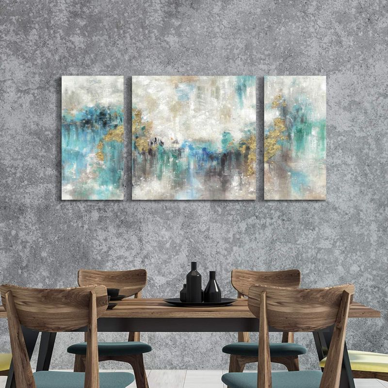 Photo 1 of Abstract Canvas Textured Wall Art: Mixed Media Abstract Painting Teal &Gold Foil Artwork for Living Room ( 12'' x 24'' x 2 + 24' 'x 24'' )