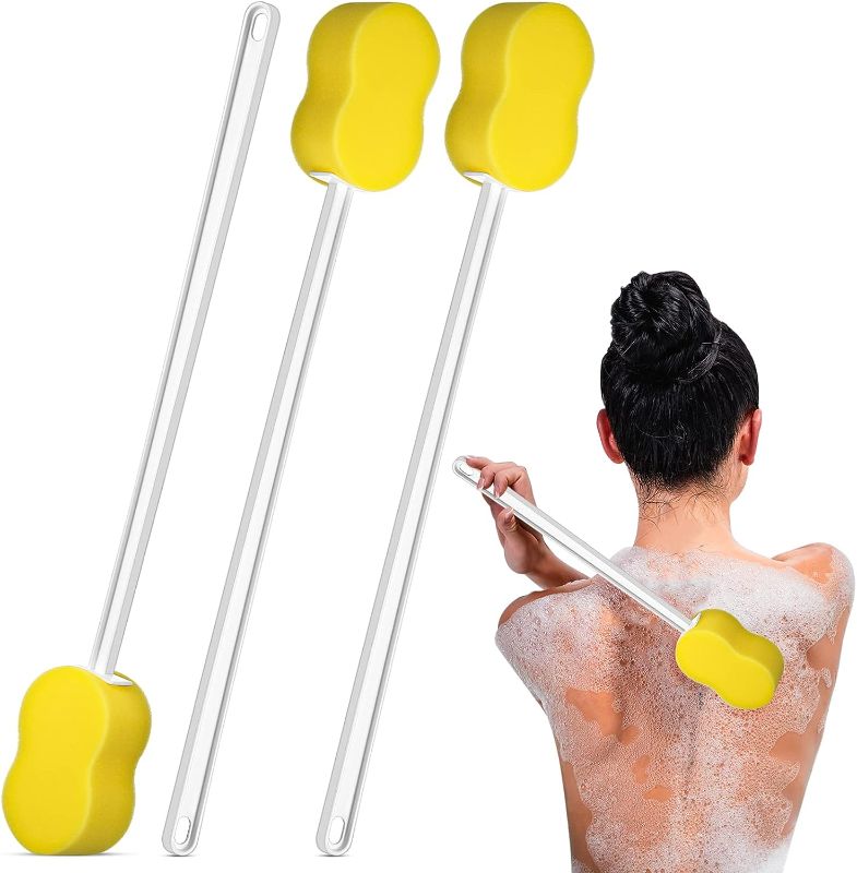 Photo 1 of 3 Pieces Long Handle Bath Sponge 22.4'' Back Sponge on a Stick Lightweight Back Washer Handled Butt Scrubber Shower Brush for Foot Body Cleaning Bathing Limited Motion, Yellow