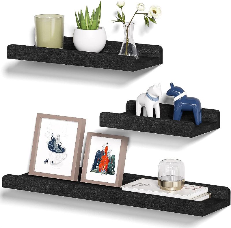 Photo 1 of Alsonerbay Black Floating Shelves Wall Mounted Set of 3, 23.6 Inch Rustic Wood Wall Shelves for Storage and Display for Bedroom Living Room Bathroom Kitchen Office and More