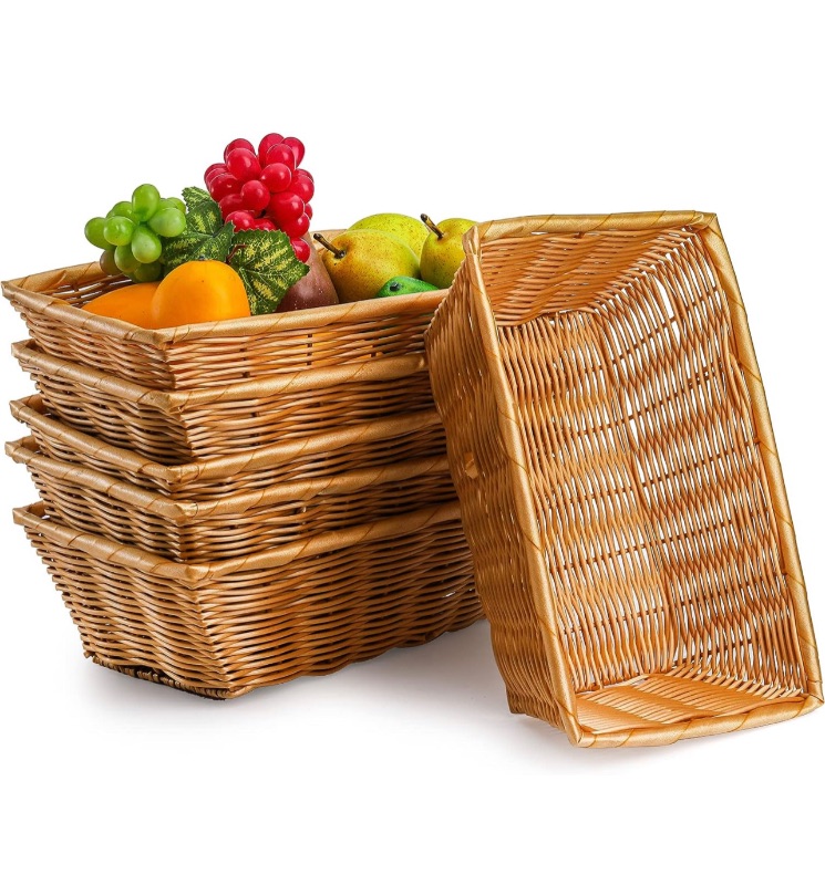 Photo 2 of Coloch 6 Pack Poly Wicker Woven Bread Basket, 12 Inch Imitation Rattan Fruit Basket Stackable Rectangle Serving Basket for Fruit, Bread, Vegetable, Towel, Home, Restaurant, Outdoor Use