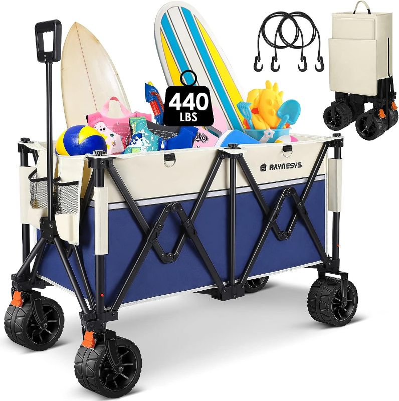 Photo 1 of Beach Wagon Carts with Big Wheels for Sand, Raynesys 440 lbs Heavy Duty Foldable Wagon with 200L Capacity, All Terrain Utility Wagon, Beige+Blue