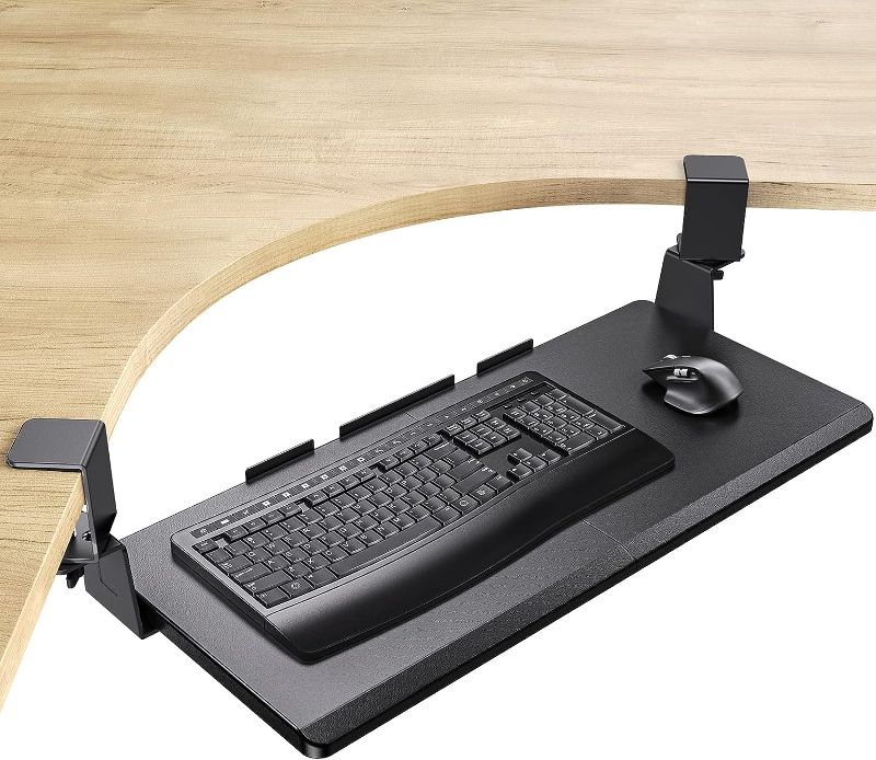 Photo 1 of HUANUO Keyboard Tray Under Desk, Ergonomic Corner Keyboard Tray with 45° Adjustable C Clamp for L Shaped Desk, Slide Out Computer Keyboard & Mouse Tray, 27.28" W x 11.85" D, Black