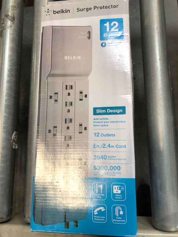 Photo 2 of Belkin Power Strip Surge Protector - 12 AC Multiple Outlets & 8 ft Long Flat Plug Heavy Duty Extension Cord for Home, Office, Travel, Computer Desktop, Laptop & Phone Charging Brick (3,940 Joules) 1 Pack