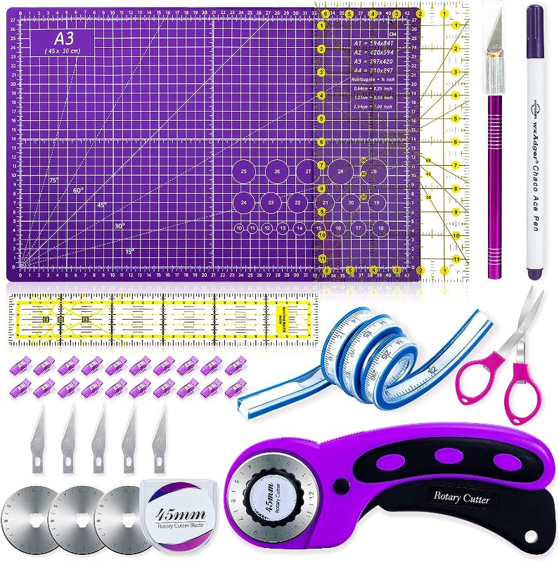 Photo 1 of Nicecho Rotary Cutter Set,Sewing Quilting Supplies,45mm Fabric Cutters,A3 Cutting Mat for Sewing,Acrylic Rulers,Scissors,Exacto Knife,Clips,Beginners Sewing Accessories,Fabric Cutter Kit