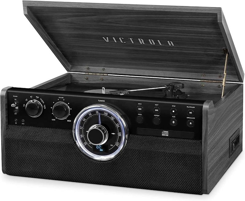 Photo 1 of Victrola Mid Century 6-in-1 Bluetooth Record Player & Multimedia Center with Built-in Speakers - 3-Speed Turntable, CD & Cassette Player, AM/FM Radio | Wireless Music Streaming | Grey
