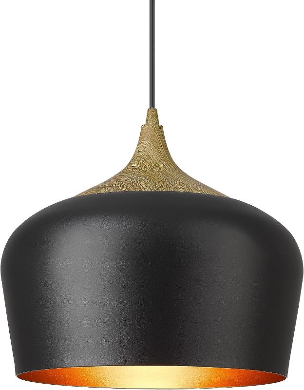 Photo 1 of AUTELO Black Pendant Light, Industrial 1-Light Pendant Lighting in Matte Black and Wooden Grain Metal Finish, 11" Adjustable Hanging Light Fixtures for Kitchen Island Dining Room, H9005