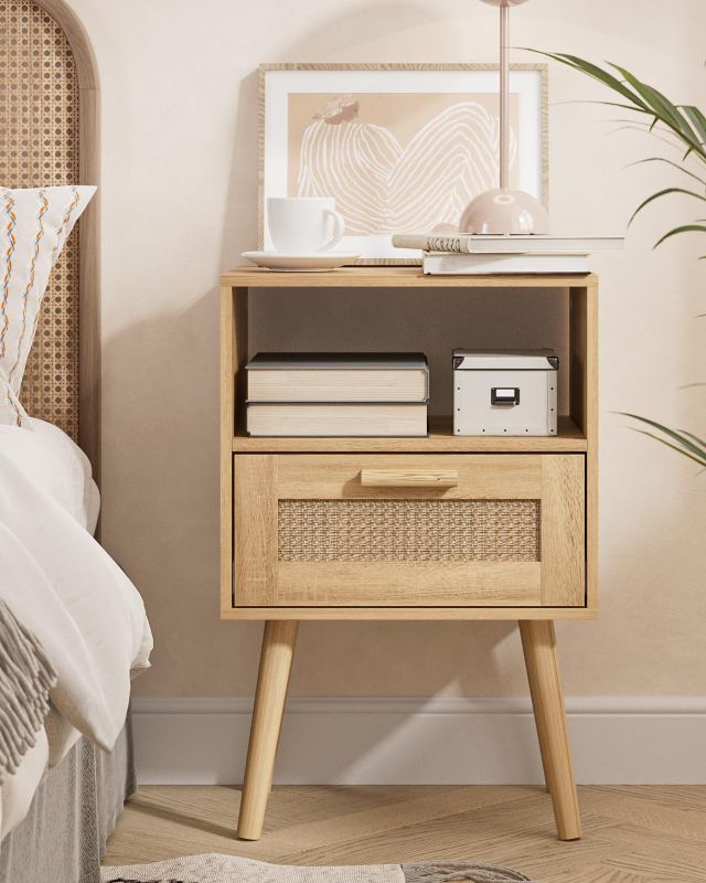 Photo 1 of Aobafuir Nightstands, End Table, Rattan Nightstand, Side Table with Hand Made Rattan Decorated Drawers, Wood Accent Table with Storage for Bedroom