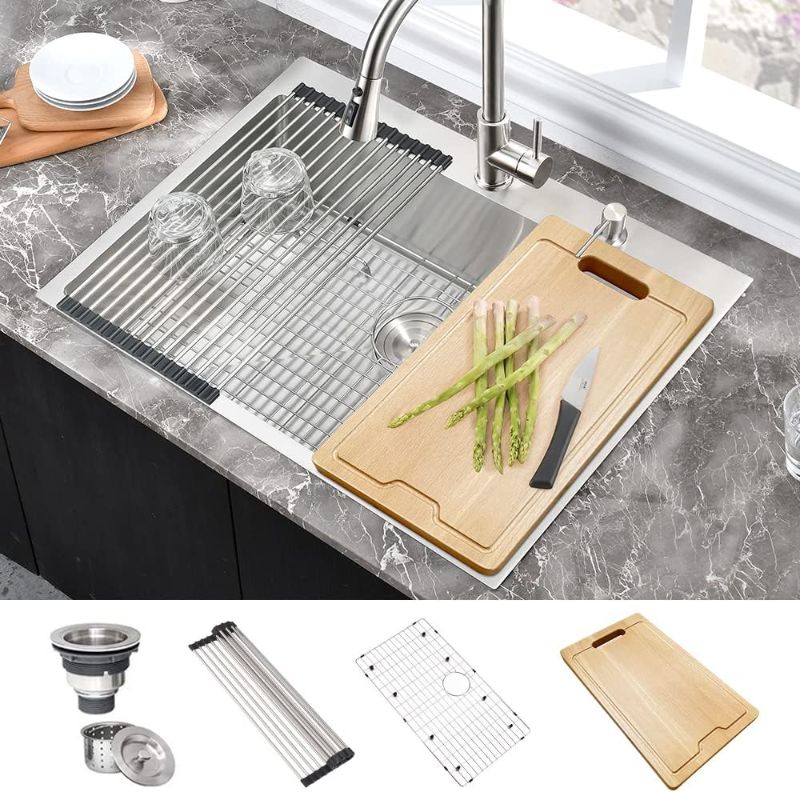 Photo 1 of 31 Inch Stainless Steel Drop In Kitchen Sink, Hovheir 31x20 Drop In Topmount Kitchen Sink 16 Gauge Deep Single Bowl Kitchen Sink with Cutting Board,Roll-up Rack, Bottom Rinse Grid 31x20x10