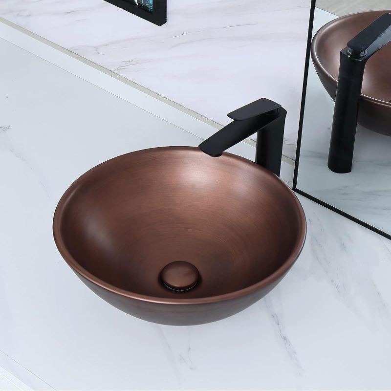 Photo 1 of 16.3'' Brown Round Vessel Sink with Pop Up Drain,Bathroom Vessel Sinks,Ceramic Vessel Sink,Bathroom Sinks Above Counter,Counter top Sink,Round Vessel Sinks for bathrooms
