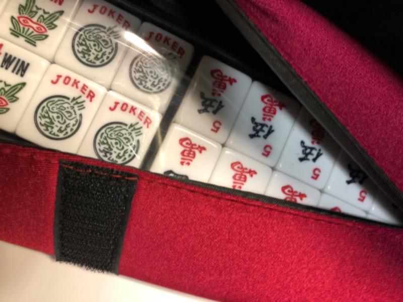 Photo 4 of American Mahjong Game Set - Red Burgundy Soft Bag 166 Premium Tiles with 4 All-in-One Rack/Pushers,100 Chips, Wind Indicator, English Manual. Easy Carry Full Size Complete Western MahJongg Set