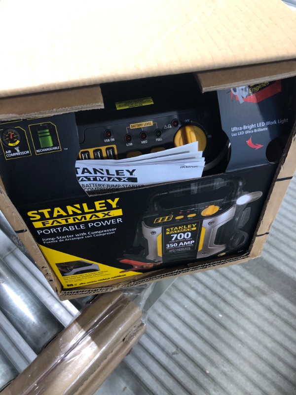 Photo 2 of STANLEY FATMAX J7CS Portable Power Station Jump Starter: 700 Peak/350 Instant Amps, 120 PSI Air Compressor, 3.1A USB Ports, Battery Clamps