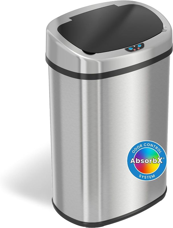 Photo 1 of SensorCan 13 Gallon Battery-FREE Automatic Sensor Kitchen Trash Can with Power Adapter, Oval Shape Stainless Steel Garbage Bin with AC Plug
