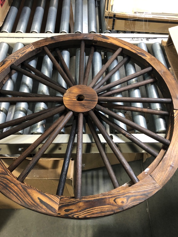 Photo 3 of AHB Decorative Wood Wagon Wheel, Old Western Style Wooden Wheels Wall Decor (Set of 2) for Garden, Bar, Yard, 30 Inch Vintage Rustic Round Wood Cartwheel with Steel Rim,Fir Wood, Brown 30\"