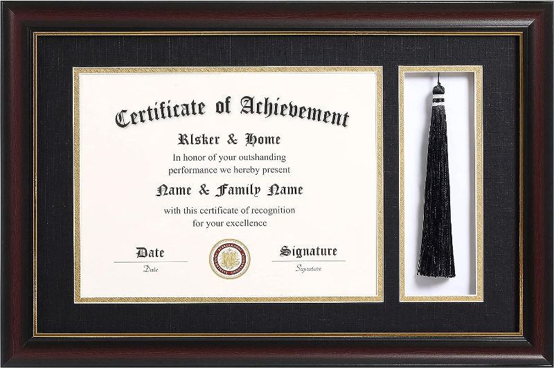 Photo 1 of 11x17 Diploma Frames with Tassel Holder for 8.5x11 Certificate Document Shadow Box, Mahogany Frame, Degree Double Mat, Black with Gold Rim